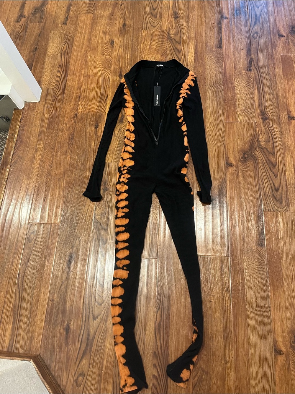 Fashion Nova Black Jumpsuit with Orange Tie-Dye Side Panels